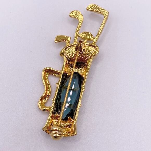 Vintage Gold Tone Bag Brooch With Rhinestones and Blue Glass Stone Accent - Picture 6 of 6